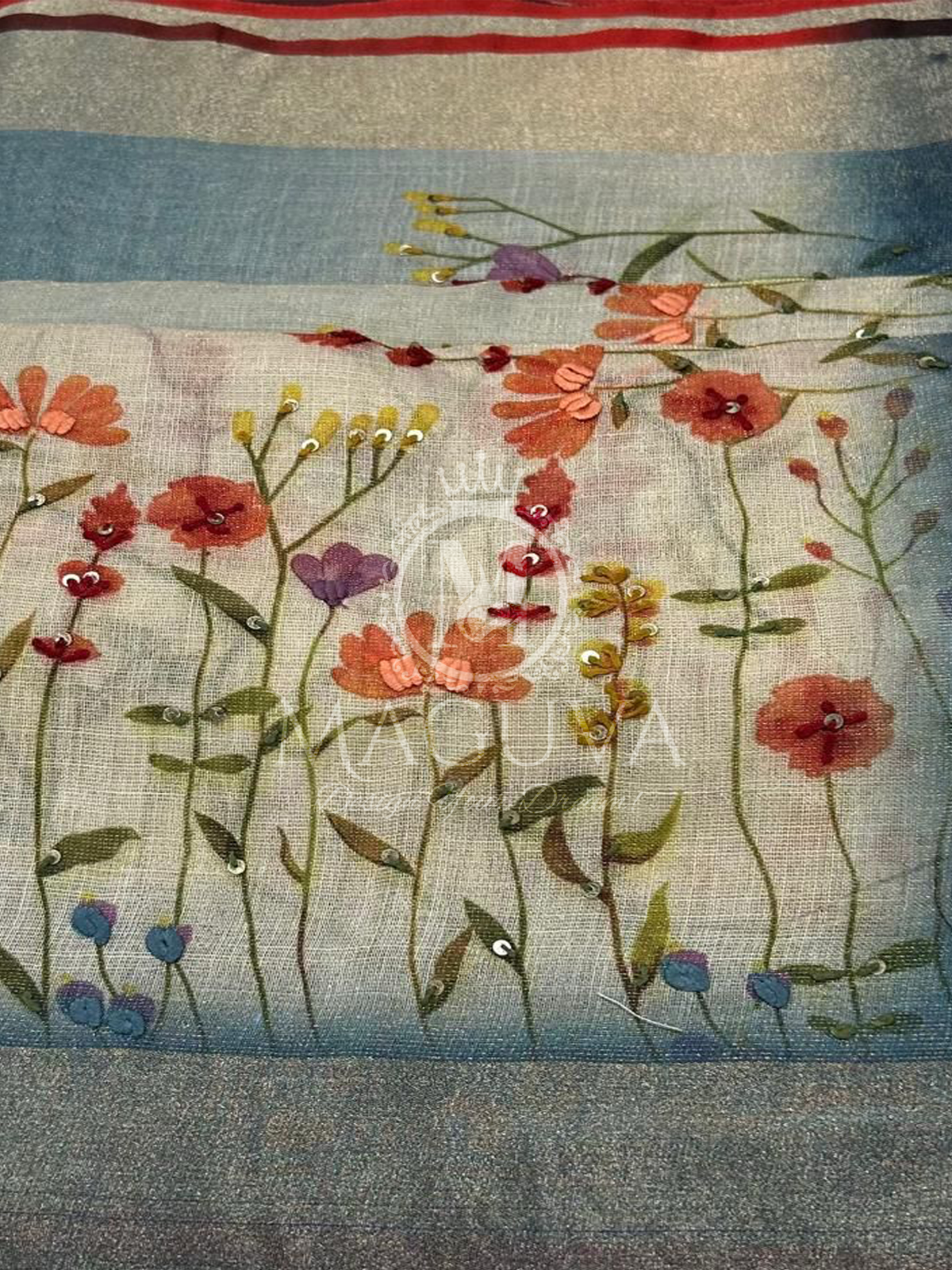 Pastel Blue Linen Saree with Hand-Painted Floral & Sequin Embroidery