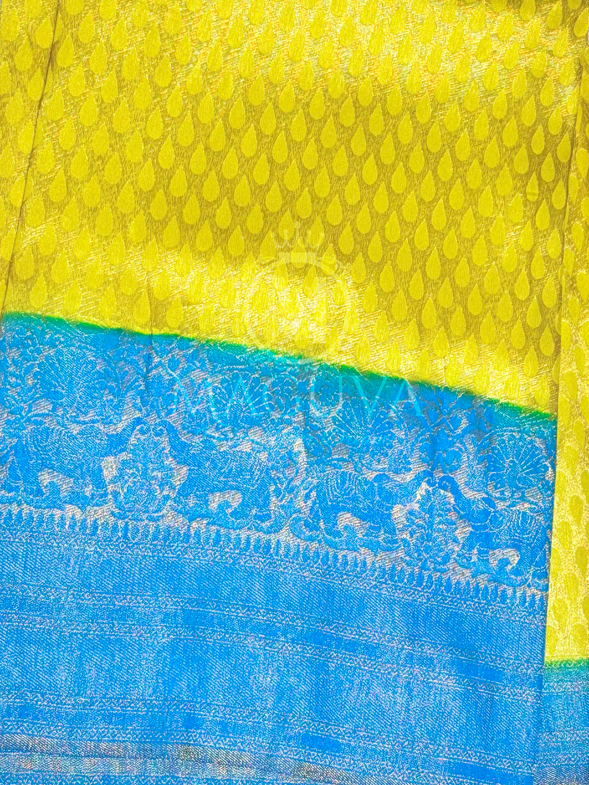 Yellow & Blue Banarasi Silk Saree with Zari Elephant Motif Border