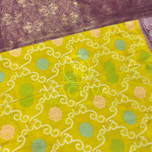 Elegant Yellow Banarasi Bandhani Silk Saree with Purple Floral Zari Border