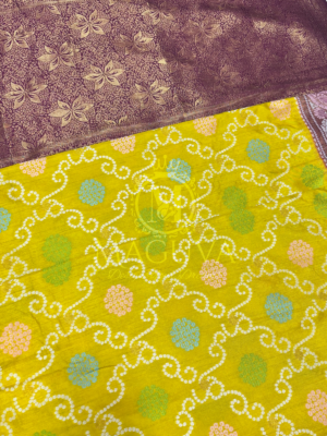 Elegant Yellow Banarasi Bandhani Silk Saree with Purple Floral Zari Border