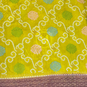 Elegant Yellow Banarasi Bandhani Silk Saree with Purple Floral Zari Border