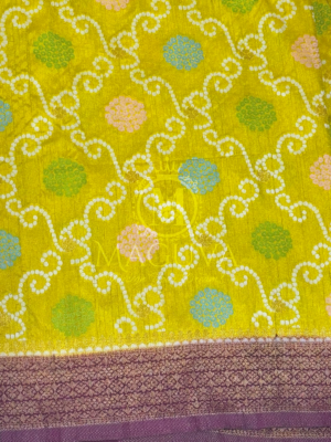 Elegant Yellow Banarasi Bandhani Silk Saree with Purple Floral Zari Border