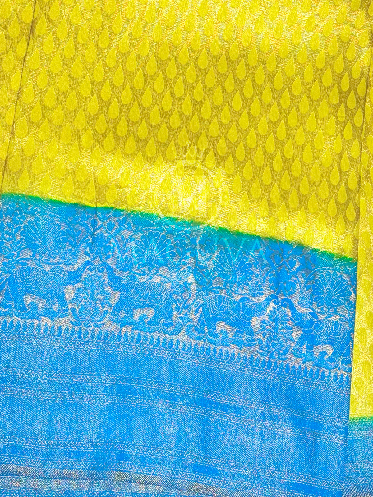 Yellow & Blue Banarasi Silk Saree with Zari Elephant Motif Border