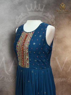 Deep Blue Embroidered Gown with Floral Hemline and Beadwork