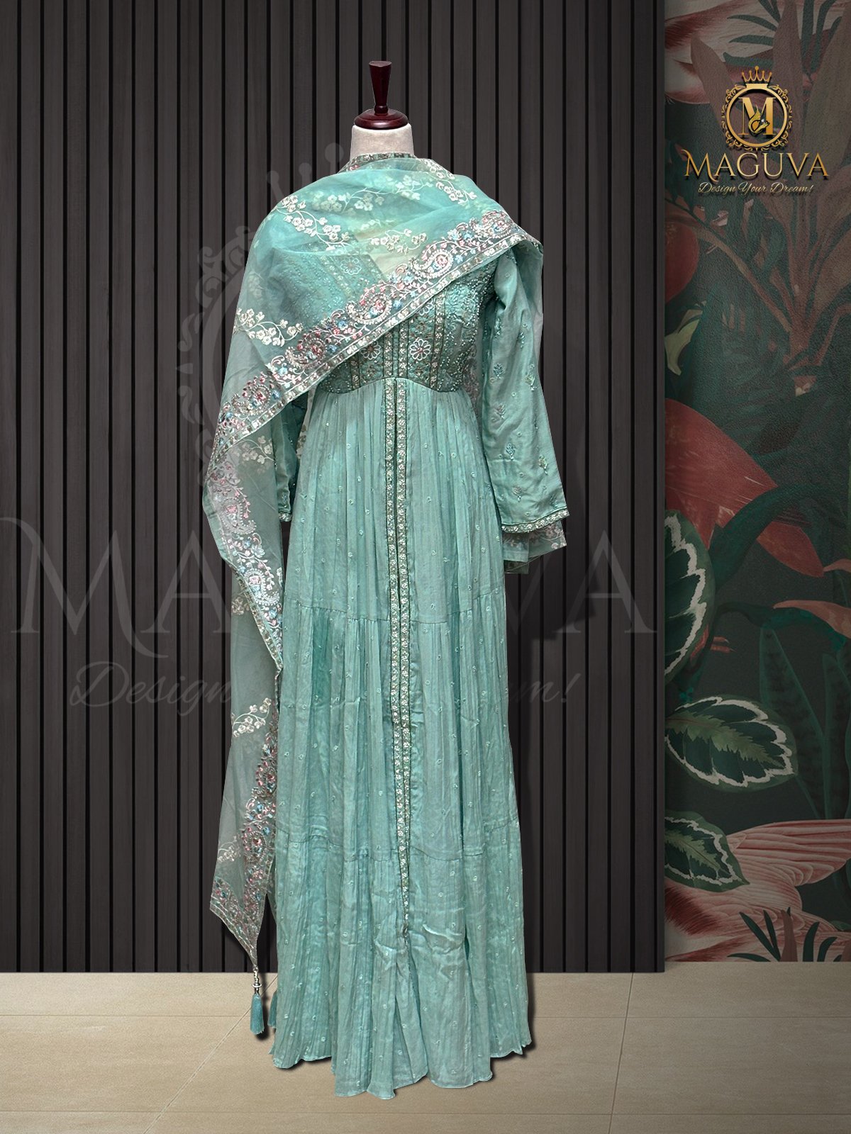 Sea Green Anarkali Suit with Embroidered Dupatta