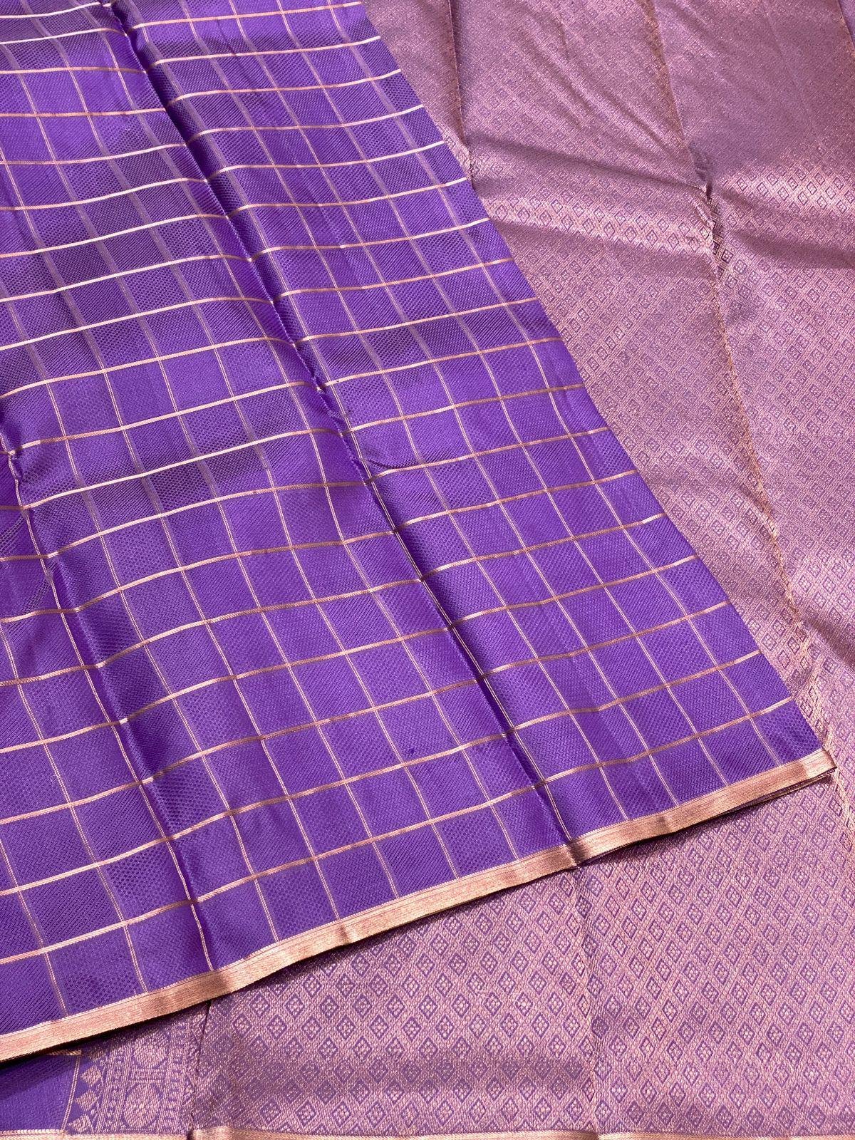 Royal Purple Kanjivaram Silk Saree with Golden Checked Design