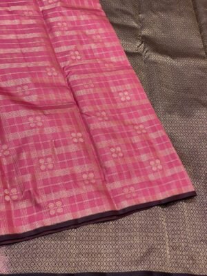 Elegant Magenta Kanchipuram Silk Saree with Golden Zari Checks & Floral Motifs