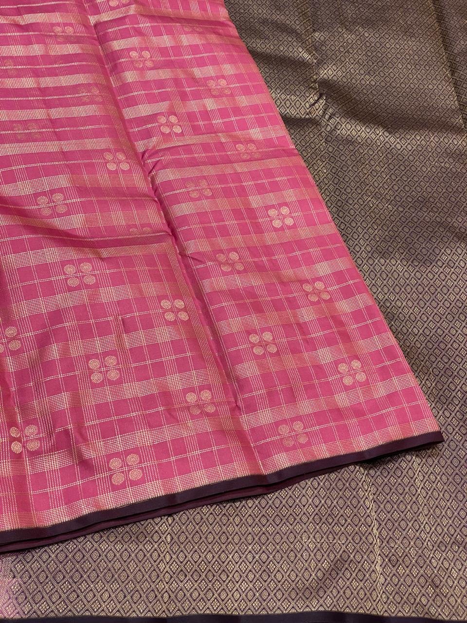 Elegant Magenta Kanchipuram Silk Saree with Golden Zari Checks & Floral Motifs