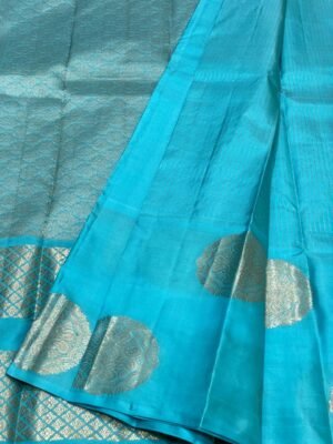 Turquoise Blue Silk Saree with Golden Zari Butta and Rich Pallu