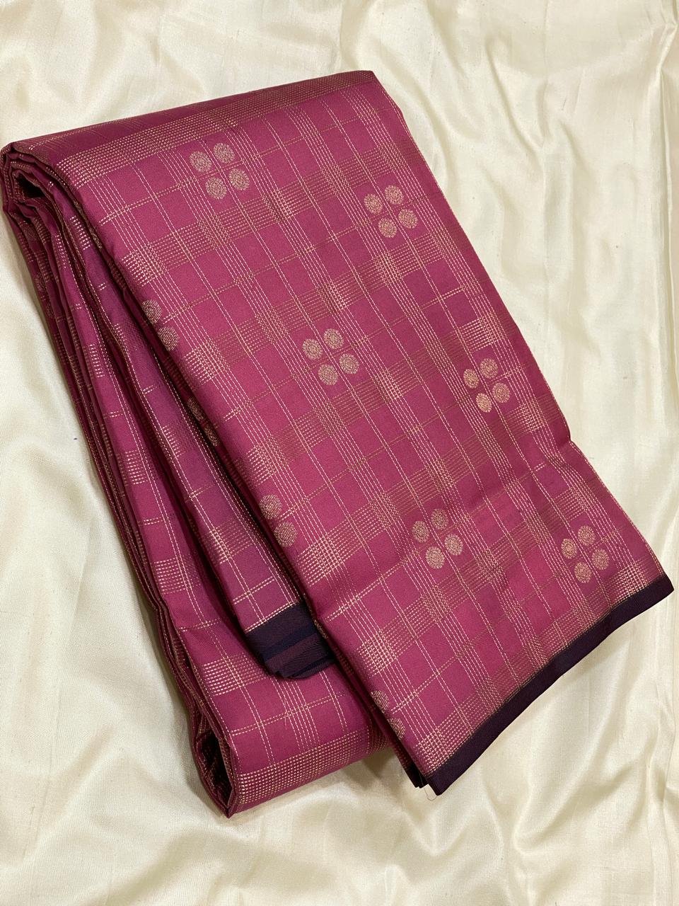 Elegant Magenta Kanchipuram Silk Saree with Golden Zari Checks & Floral Motifs