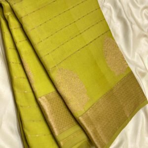Olive Green Soft Silk Saree with Golden Zari Border and Butta Design
