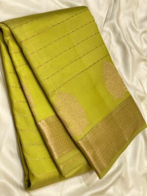 Olive Green Soft Silk Saree with Golden Zari Border and Butta Design