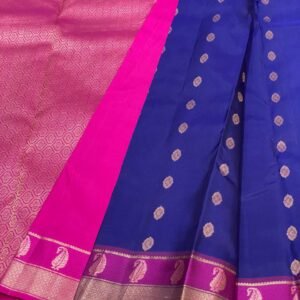 Royal Blue and Pink Kanchipuram Silk Saree with Golden Zari Weaving