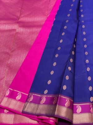 Royal Blue and Pink Kanchipuram Silk Saree with Golden Zari Weaving