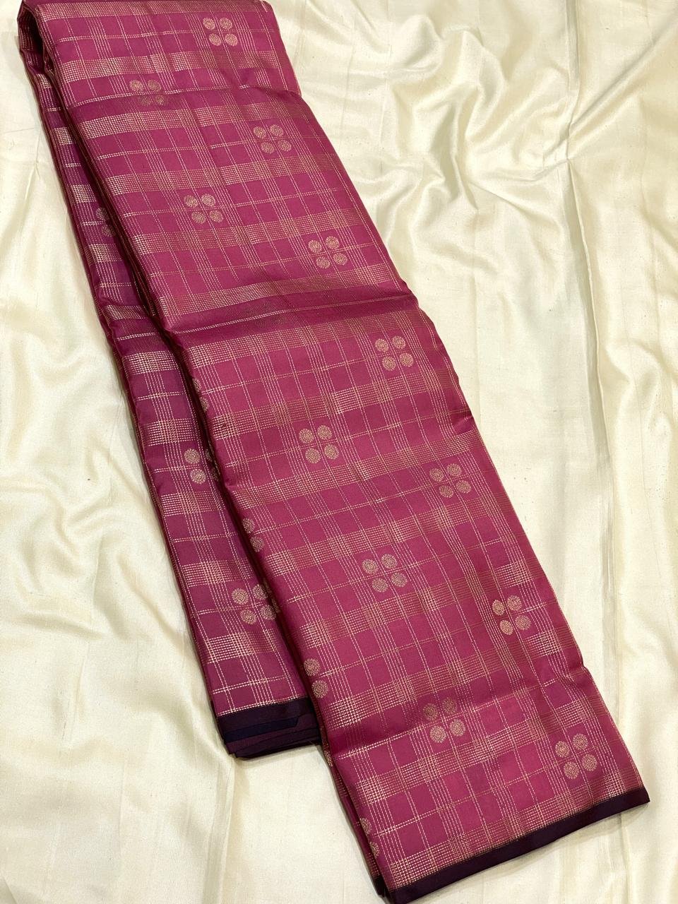 Elegant Magenta Kanchipuram Silk Saree with Golden Zari Checks & Floral Motifs